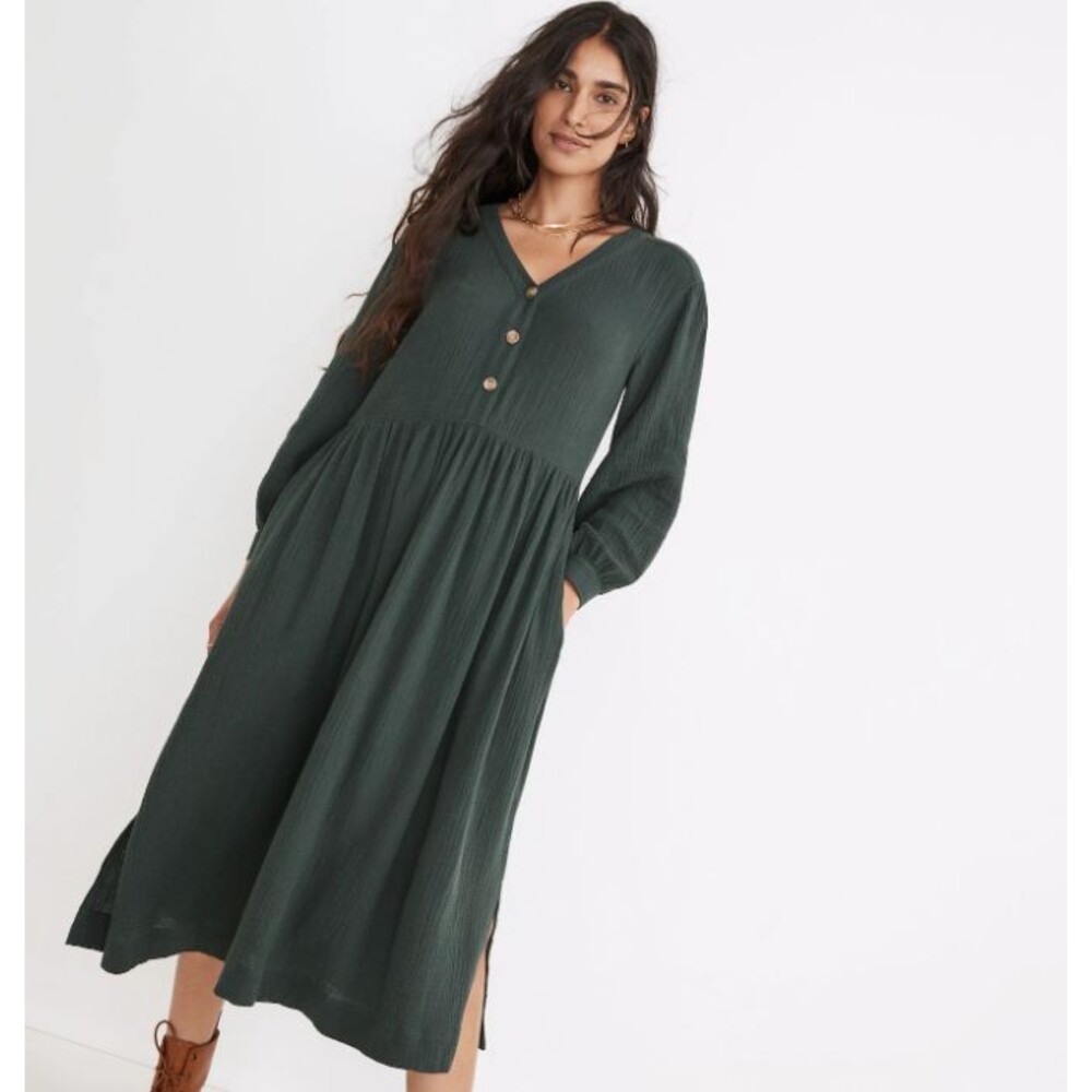 Madewell Forest Green Button-Front Midi Dress